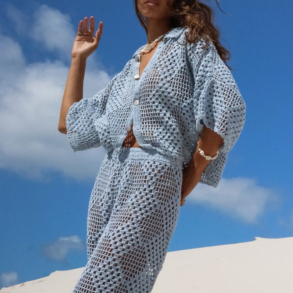 NWT Maurie + Eve High Vibrations Women's Blue Crochet top and pants Set S, 4